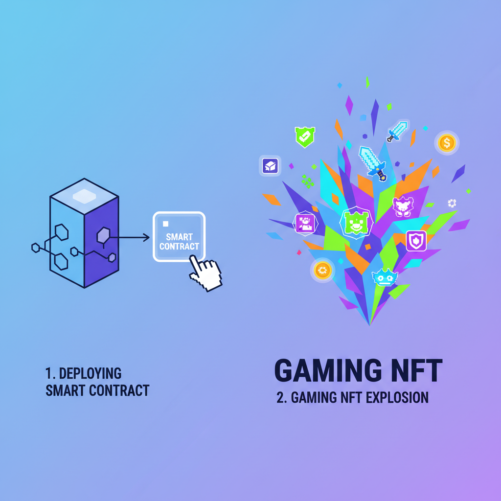 deploying smart contract on blockchain, gaming NFT exploding into existence, vibrant pixels