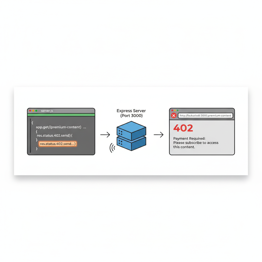 Node.js Express server code snippet showing HTTP 402 response headers