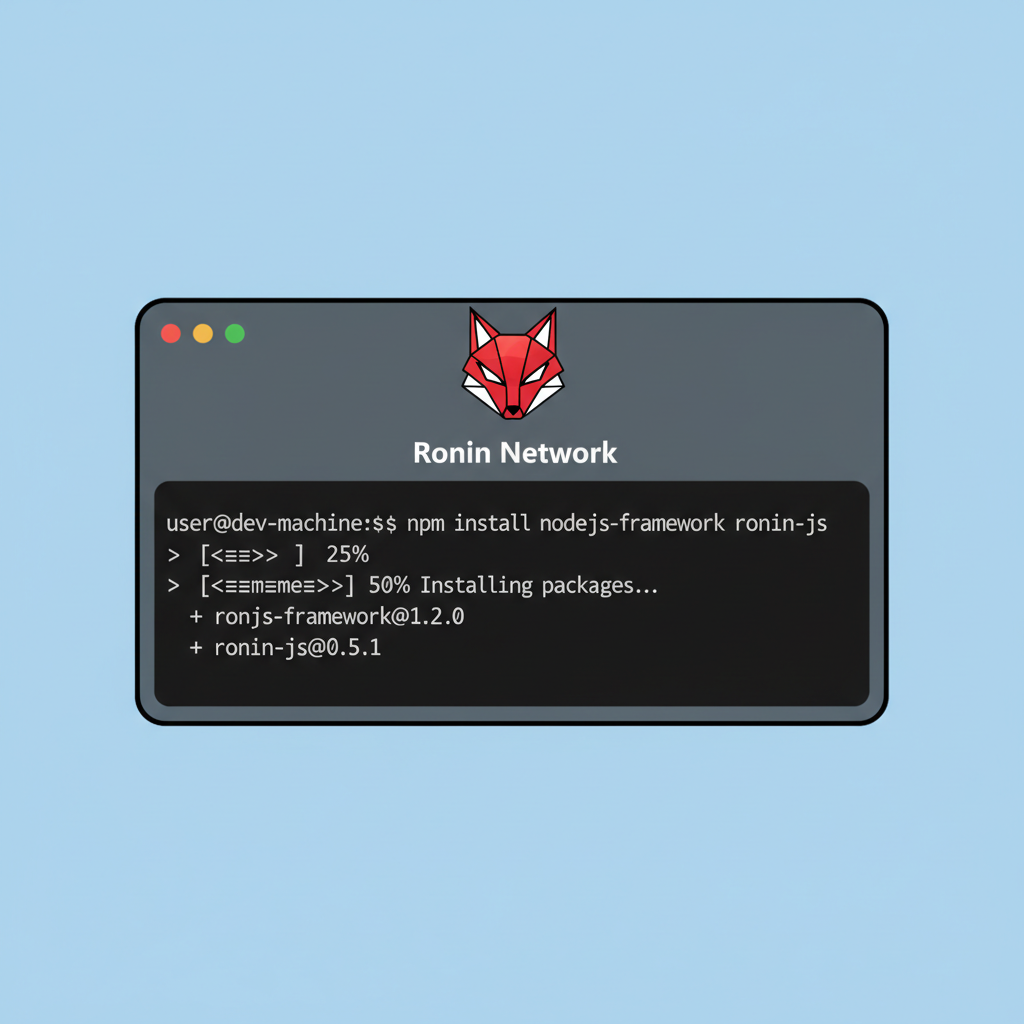 Developer terminal installing Node.js packages with Ronin Network logo