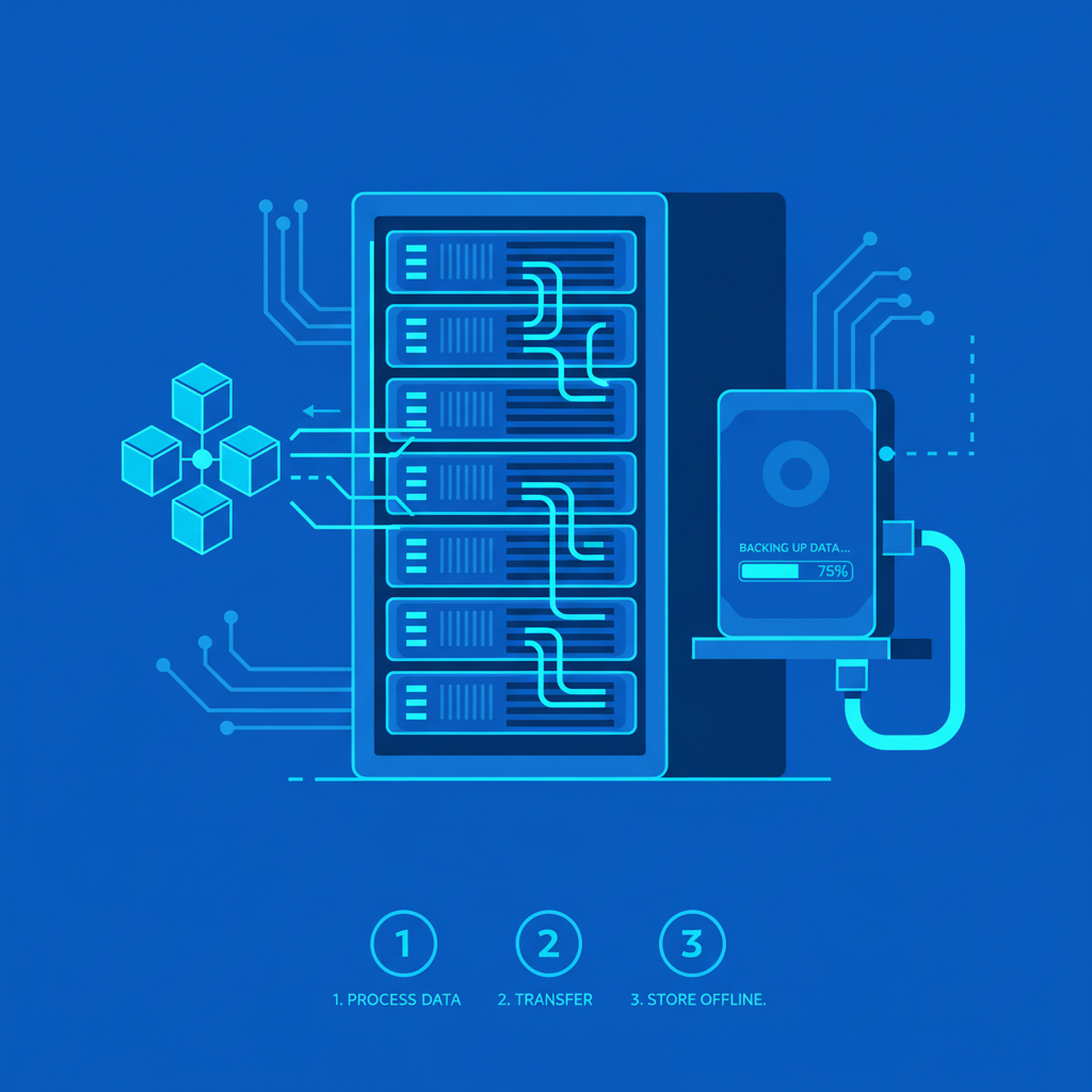 server rack backing up blockchain data to external drive, neon blue tones, tech illustration