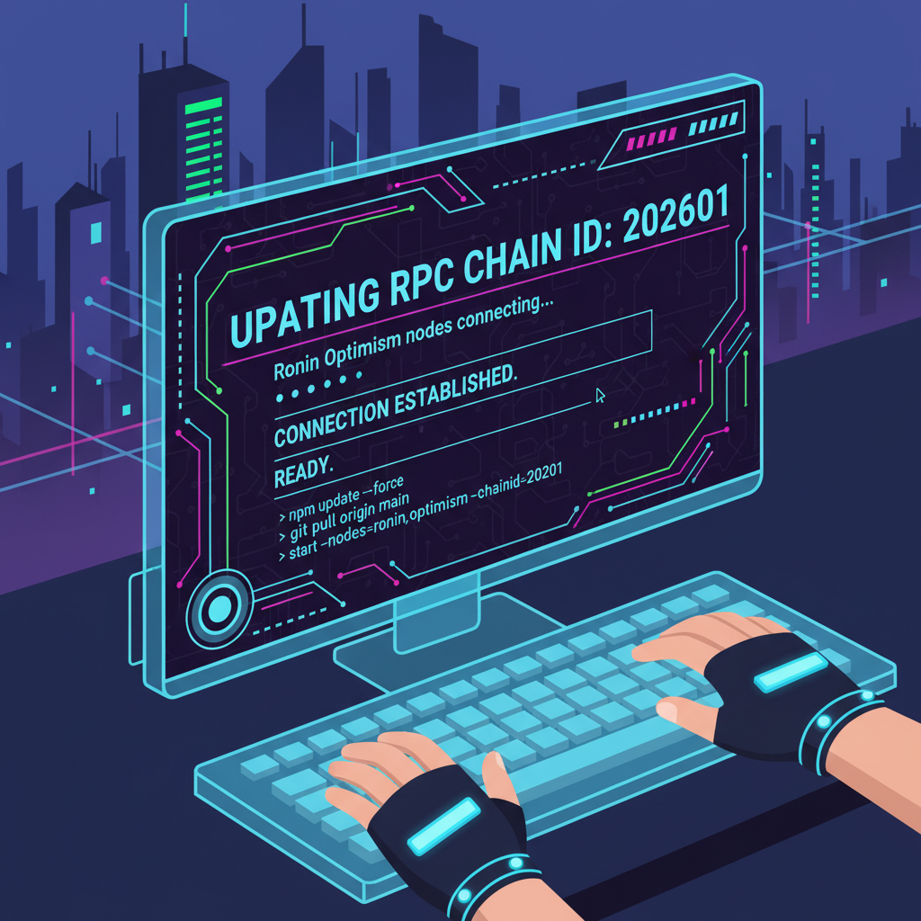 developer terminal updating RPC chain ID 202601, Ronin Optimism nodes connecting, cyberpunk UI