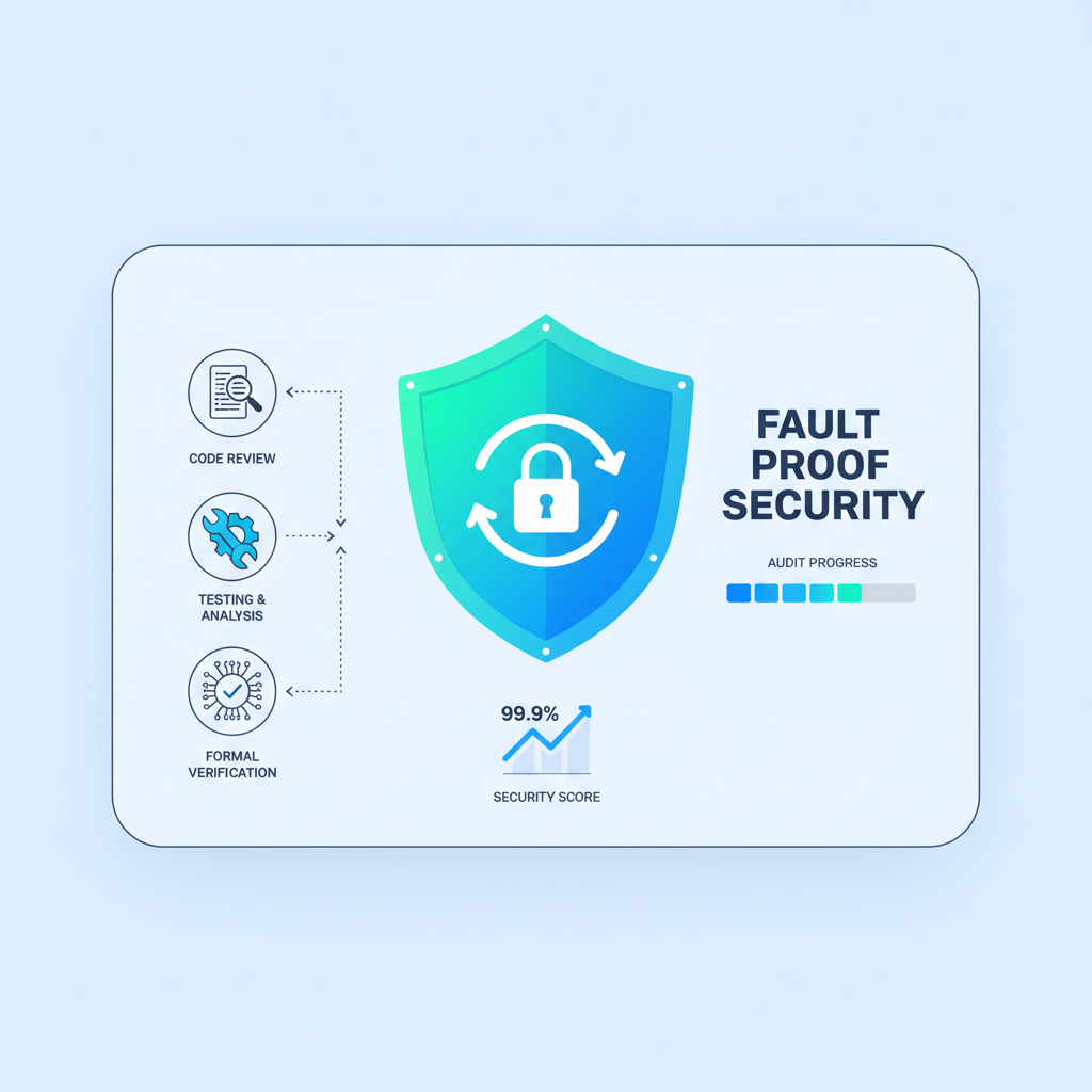 smart contract audit dashboard, fault proof security shield, code review icons