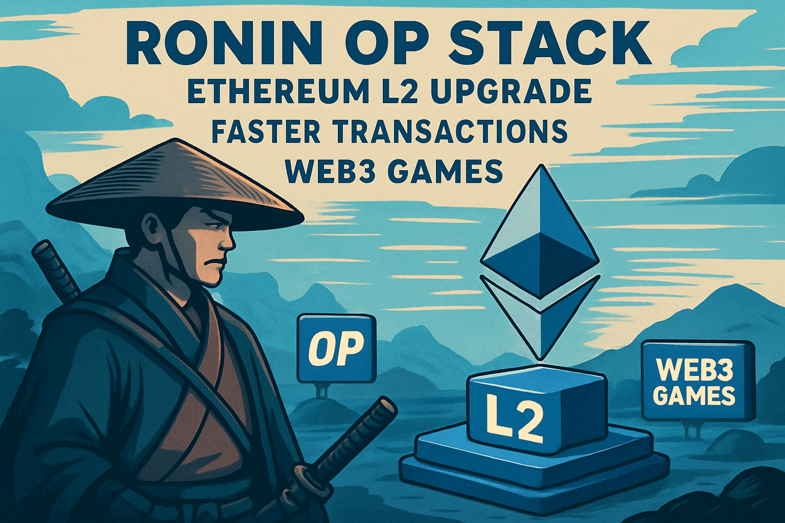 Illustration of Ronin OP Stack upgrade on Ethereum L2 showing 15x faster transactions for Web3 games with blockchain speed visuals and gaming elements