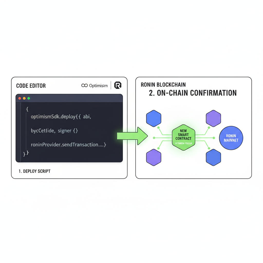 code editor deploying smart contract with Optimism SDK, Ronin blockchain visualization