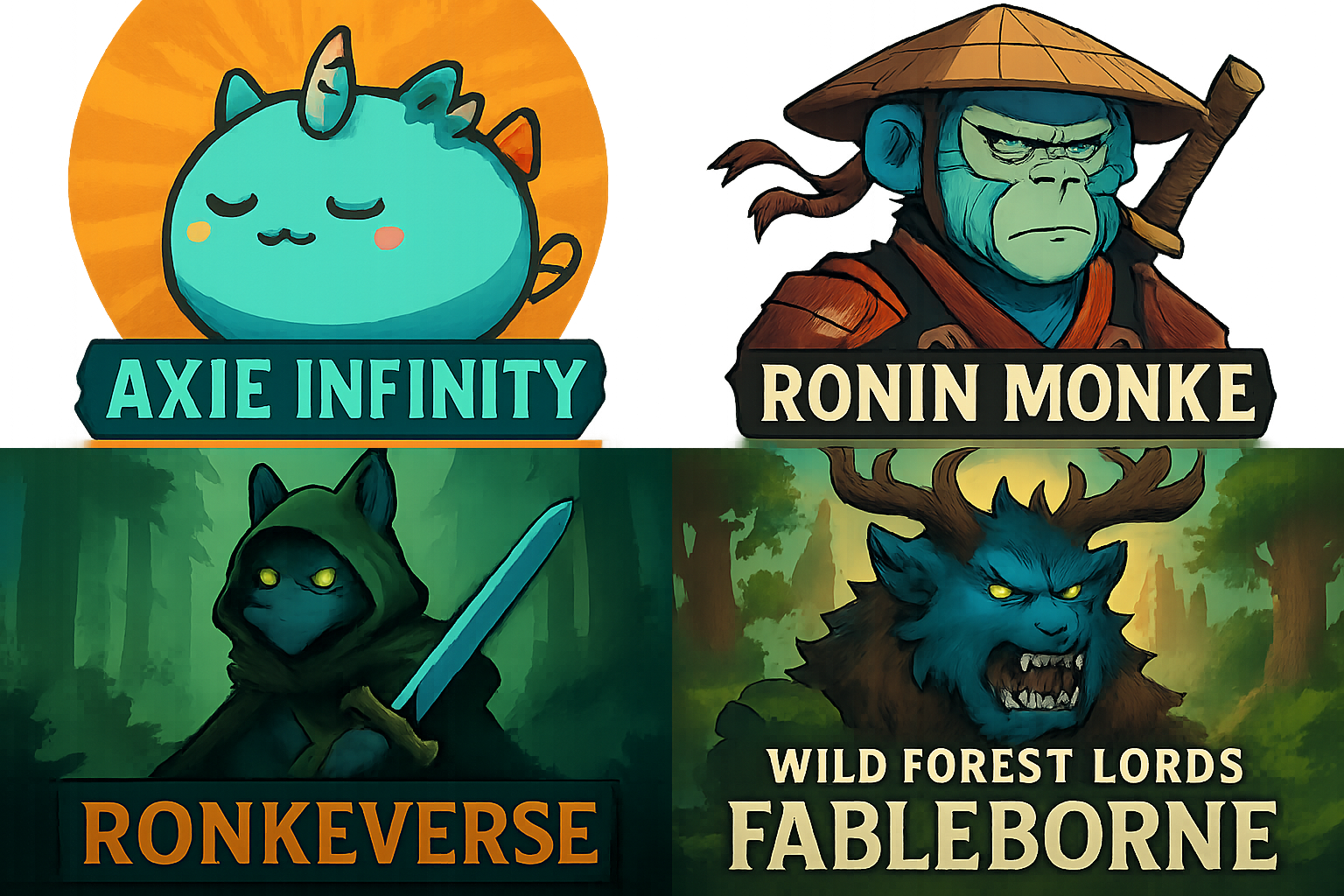 Vibrant collage featuring Axie Infinity, Ronin Monke, Ronkeverse, Wild Forest Lords, and Fableborne NFT collections on the Ronin blockchain