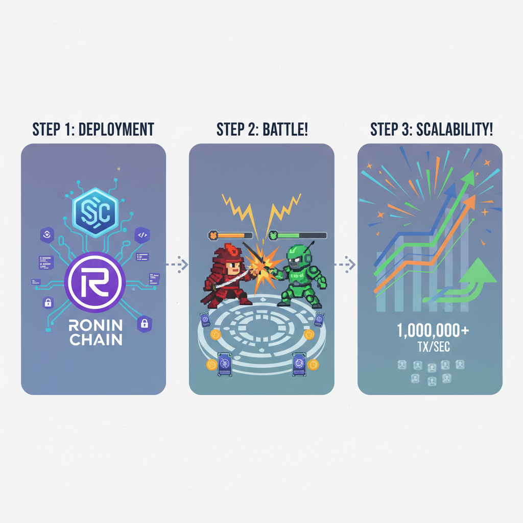 epic Web3 game contracts deploying on Ronin chain, NFT characters battling, explosive scalability graphs