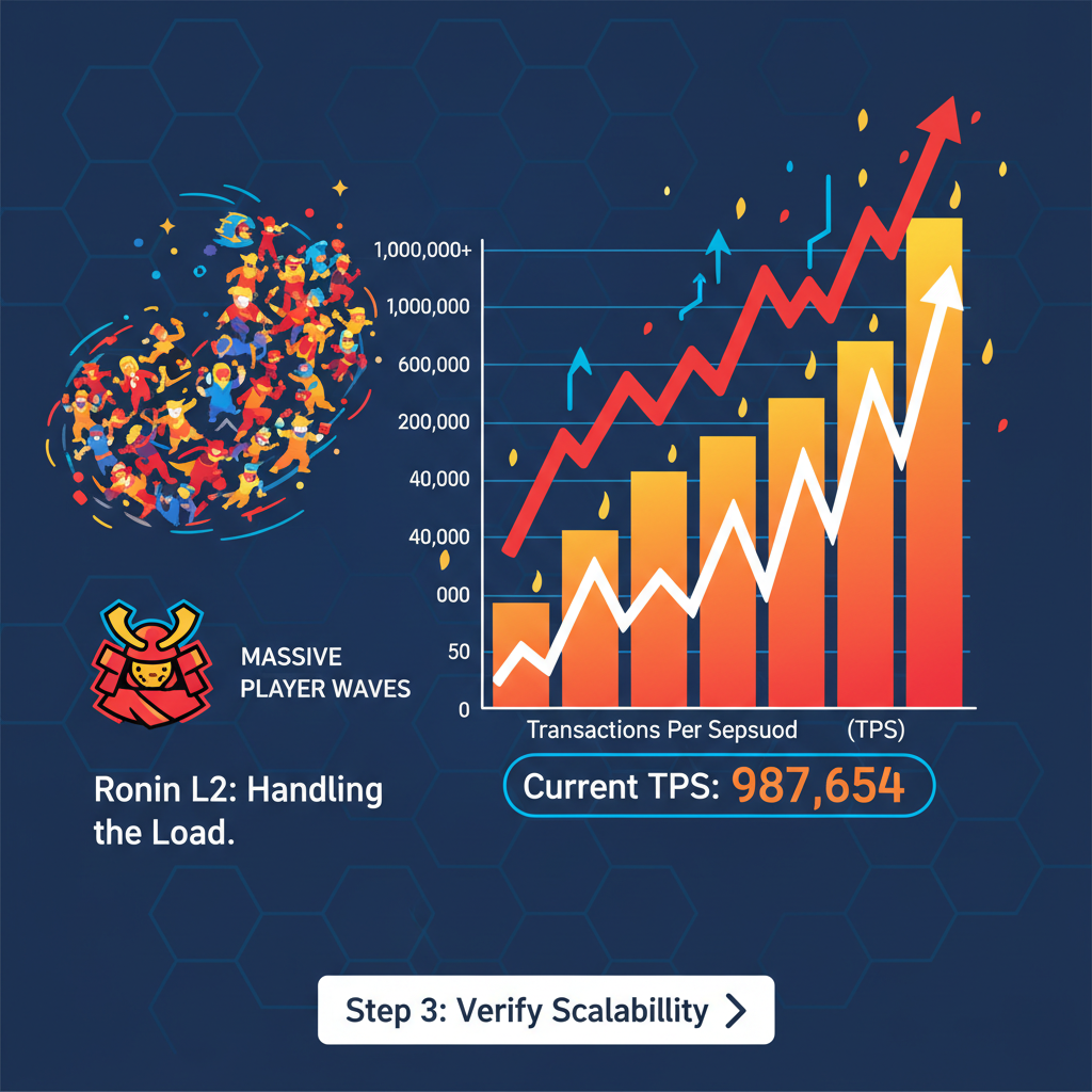 stress test dashboard with skyrocketing TPS graphs, Ronin L2 handling massive player waves, fiery energetic visuals