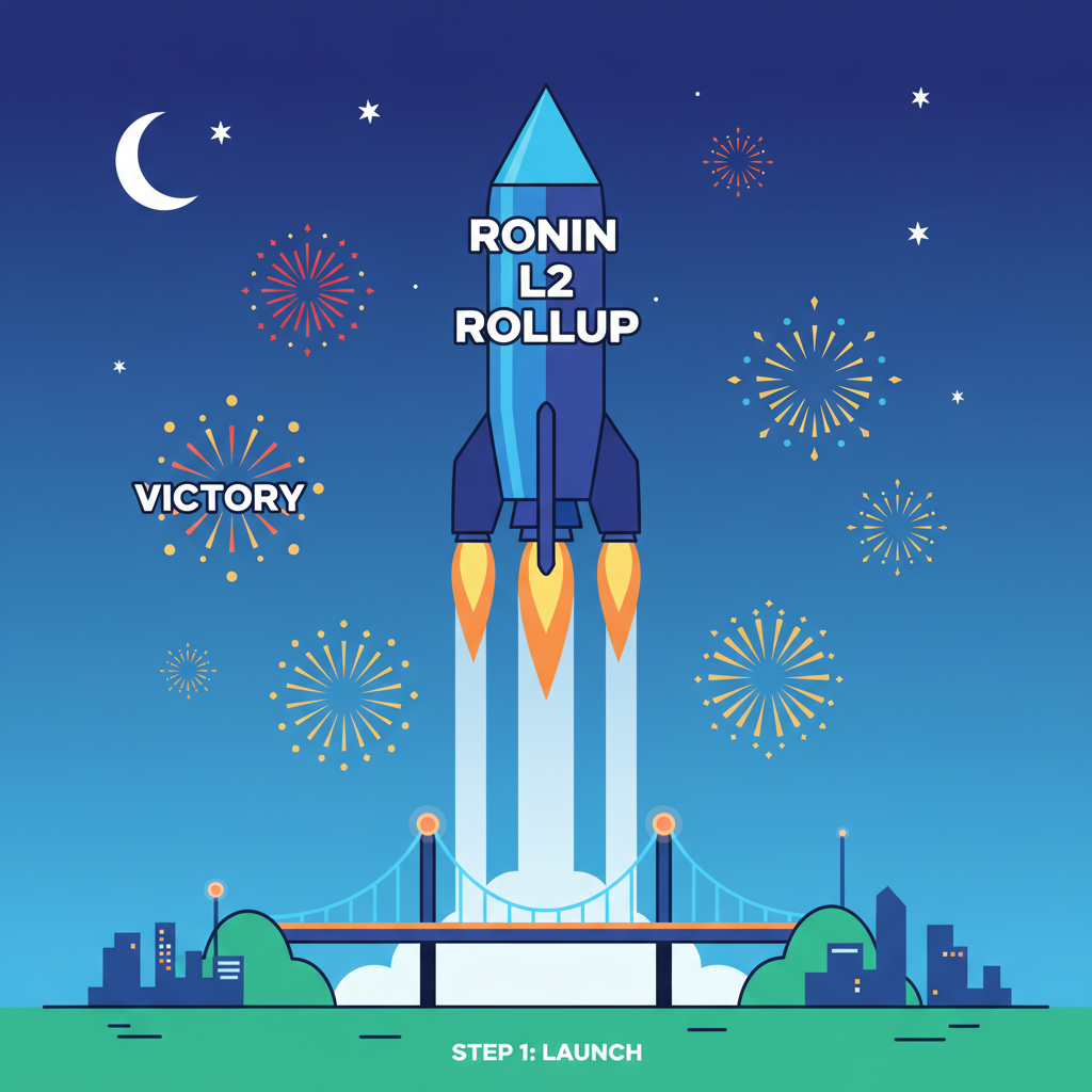 custom Ronin L2 rollup deploying like a rocket launch, Ethereum bridge glowing, victory fireworks