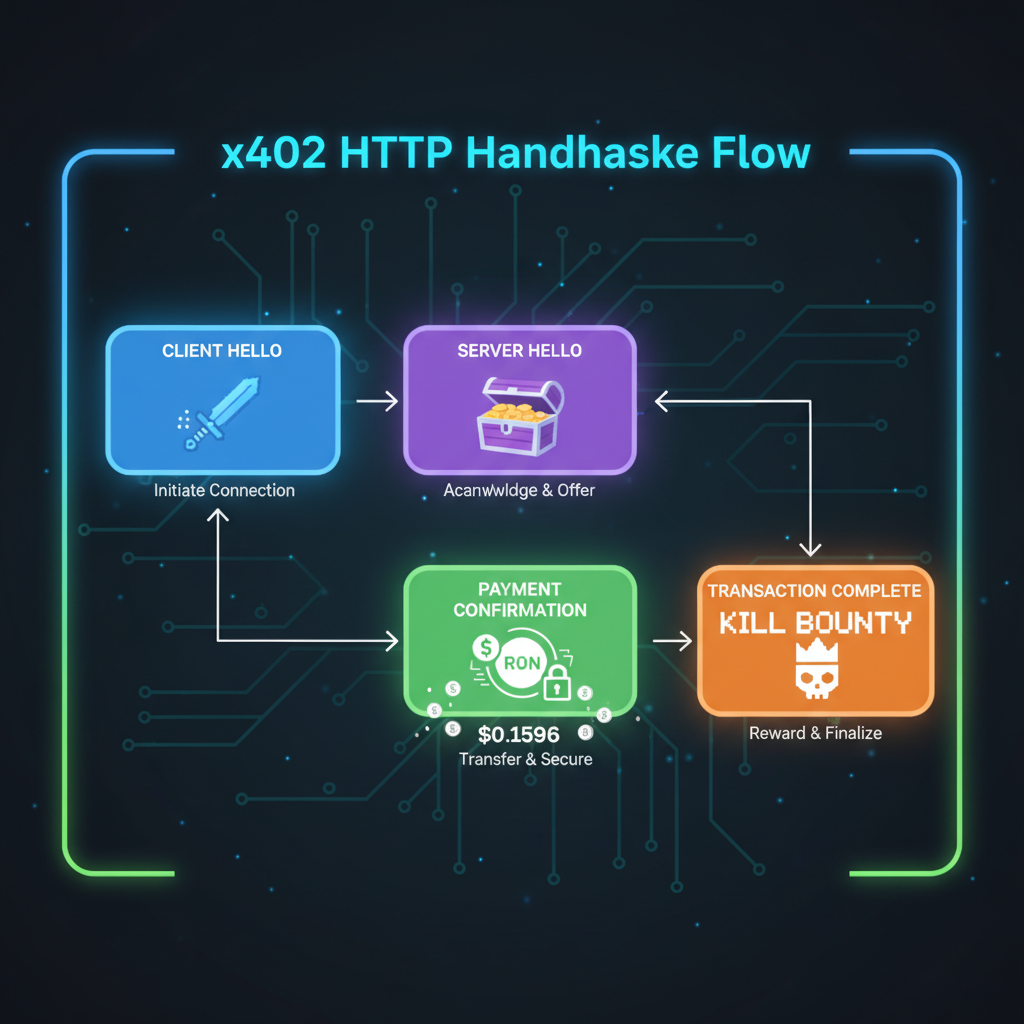 x402 HTTP handshake flowchart, gaming kill bounty icons, RON tokens ($0.1596) raining, neon web3 payment vibes
