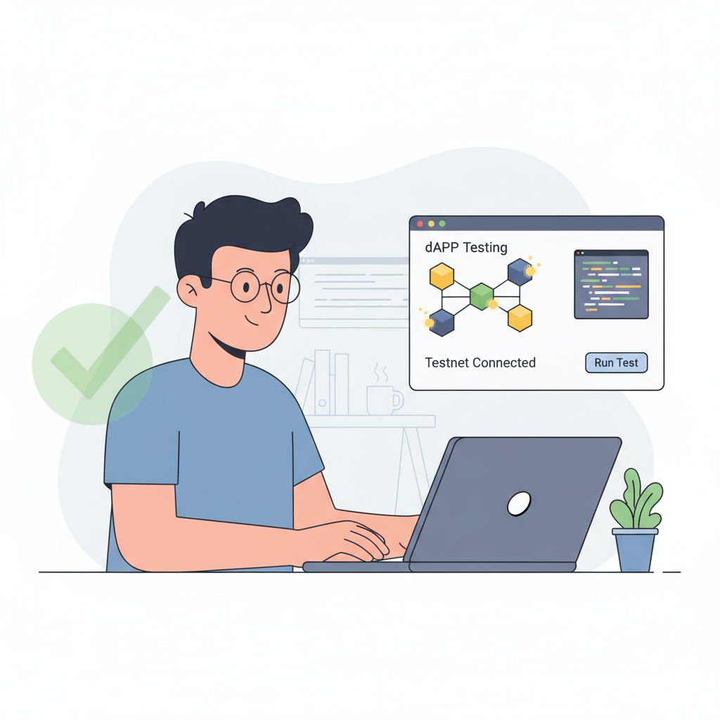 developer testing dApp on laptop with blockchain testnet visuals